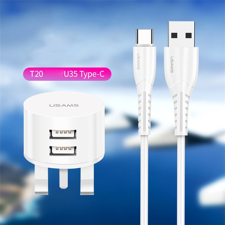 USAMS Dual Ports USB Round Travel Charger + Type-C Data Sync Charging Cable for Huawei Samsung - UK Plug-3