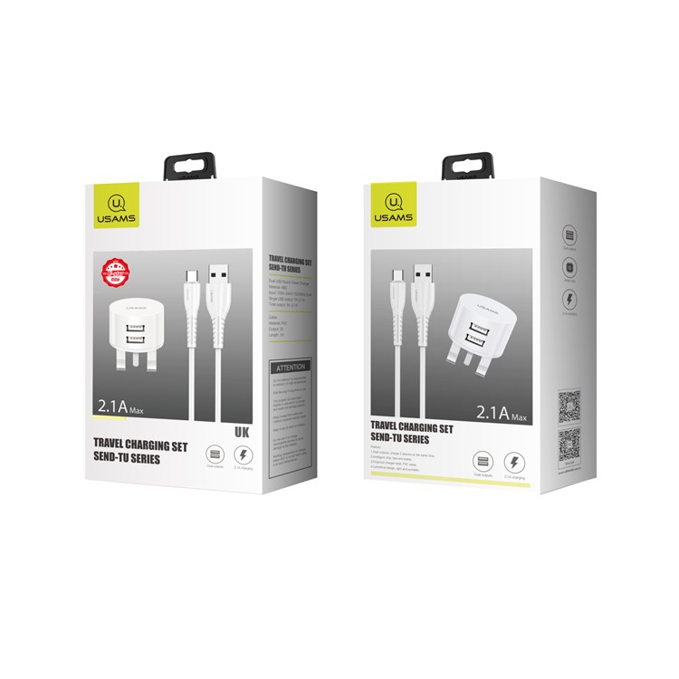 USAMS Dual Ports USB Round Travel Charger + Type-C Data Sync Charging Cable for Huawei Samsung - UK Plug-4