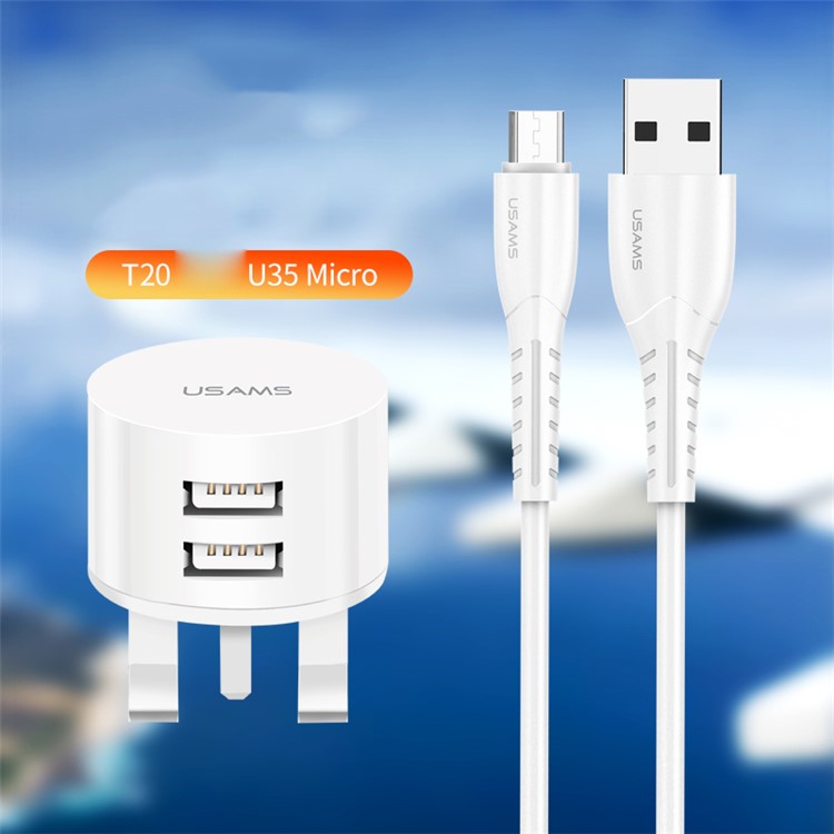 USAMS USAMS-XT T20 Dual USB Ports Round Travel Charger + U35 Data Sync Micro Charging Cable Set - UK Plug-3