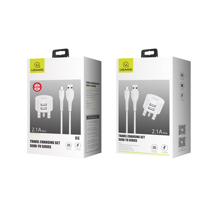 USAMS USAMS-XT T20 Dual USB Ports Round Travel Charger + U35 Data Sync Micro Charging Cable Set - UK Plug-4