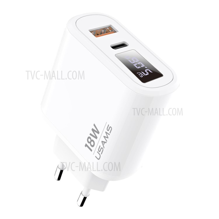 USAMS US-CC T30 QC3.0+PD3.0 Mirror Surface Digital Display Dual-port Quick Charger 18W Wall Charger - EU Plug-1