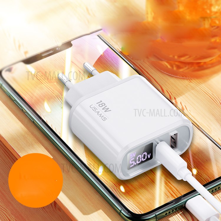 USAMS US-CC T30 QC3.0+PD3.0 Mirror Surface Digital Display Dual-port Quick Charger 18W Wall Charger - EU Plug-2