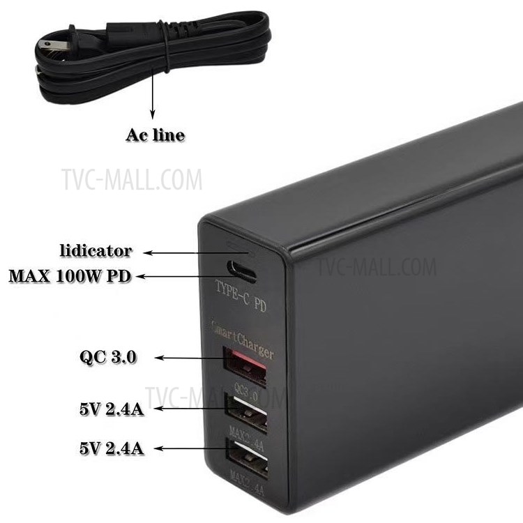 PD100W 4-port USB 100V-240V Table Charger - US Plug-4