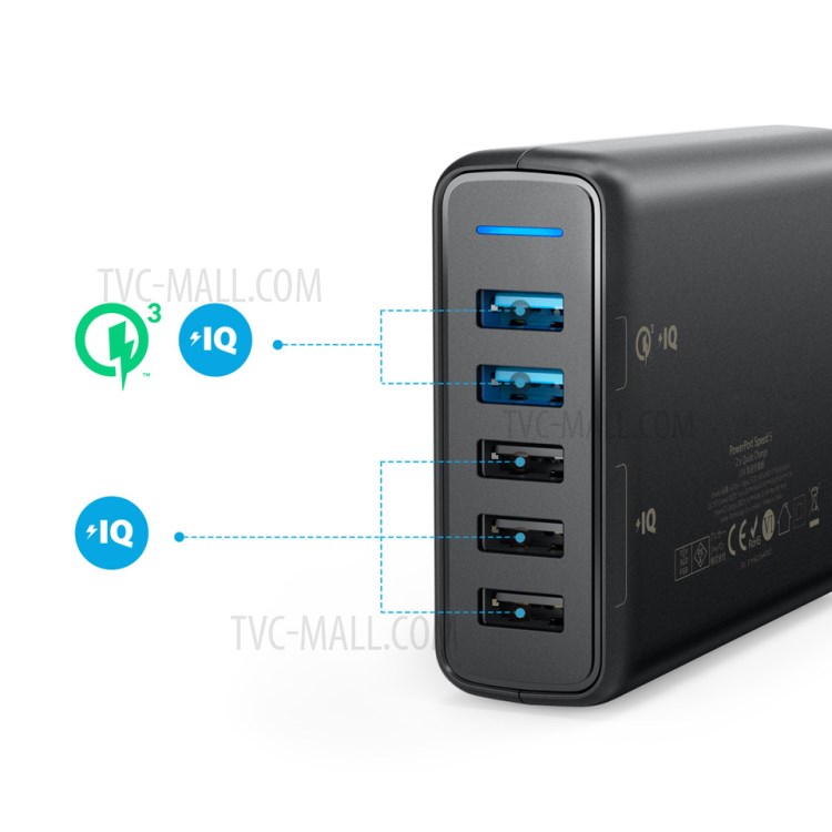 ANKER A2054 Carga Rápida 3.0 63W Cargador De Pared USB De 5 Puertos Enchufe CN Para Huawei Manzana Xiaomi OPPO Etc.-3