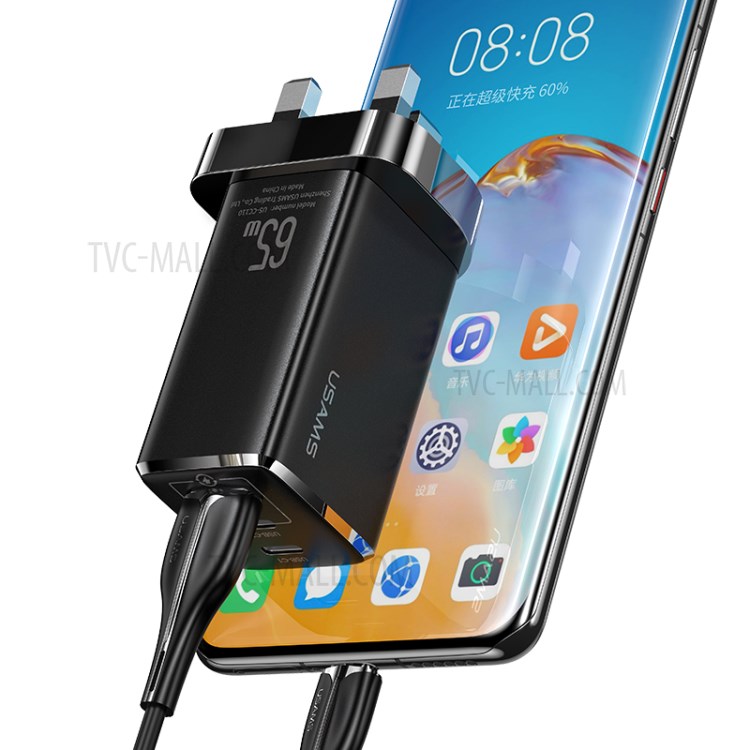 USAMS US-CC110 T33 65W 3 Ports GaN Fast Charger Mini Portable Travel Wall Charger - Black / UK Plug-4