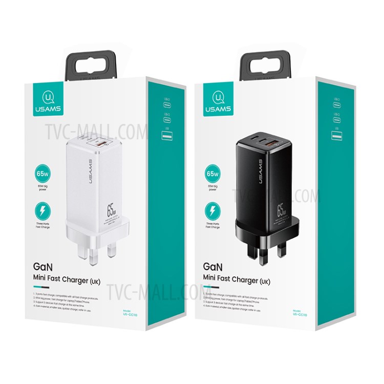 USAMS US-CC110 T33 65W 3 Ports GaN Fast Charger Mini Portable Travel Wall Charger - Black / UK Plug-7