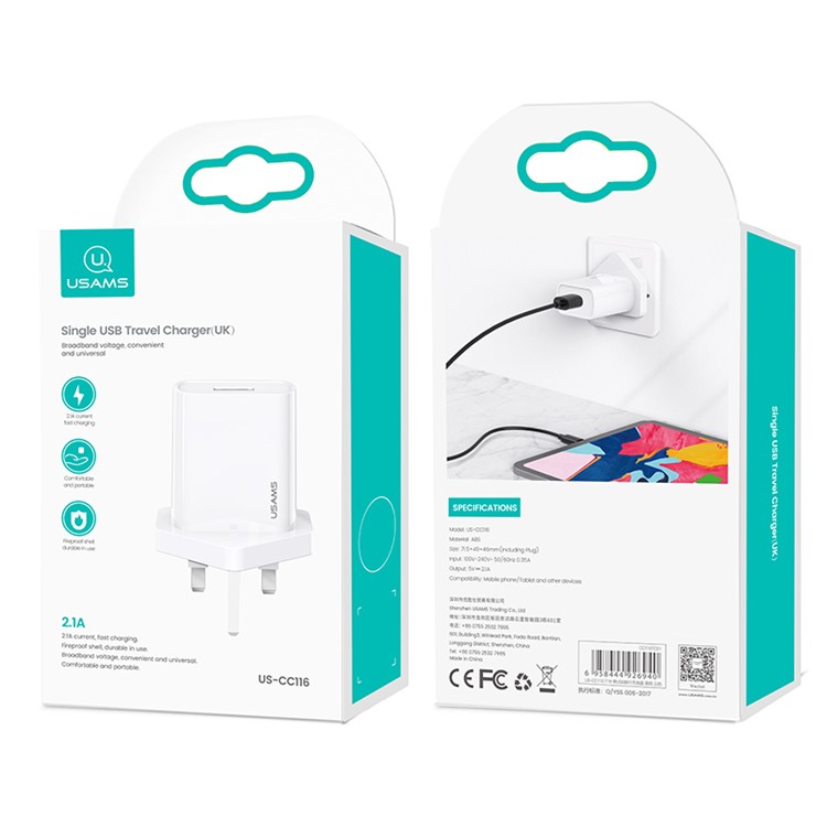 USAMS US-CC116 T18 USB Port Travel Wall Charger - UK Plug-6
