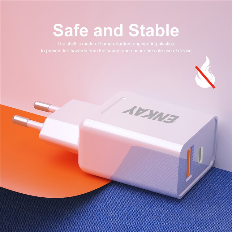 Hat-Prince ENKAY 18W 3A USB3.0+Type-C Dual Ports Power Adapter with 1m Type-C Charging Cable - EU Plug-5
