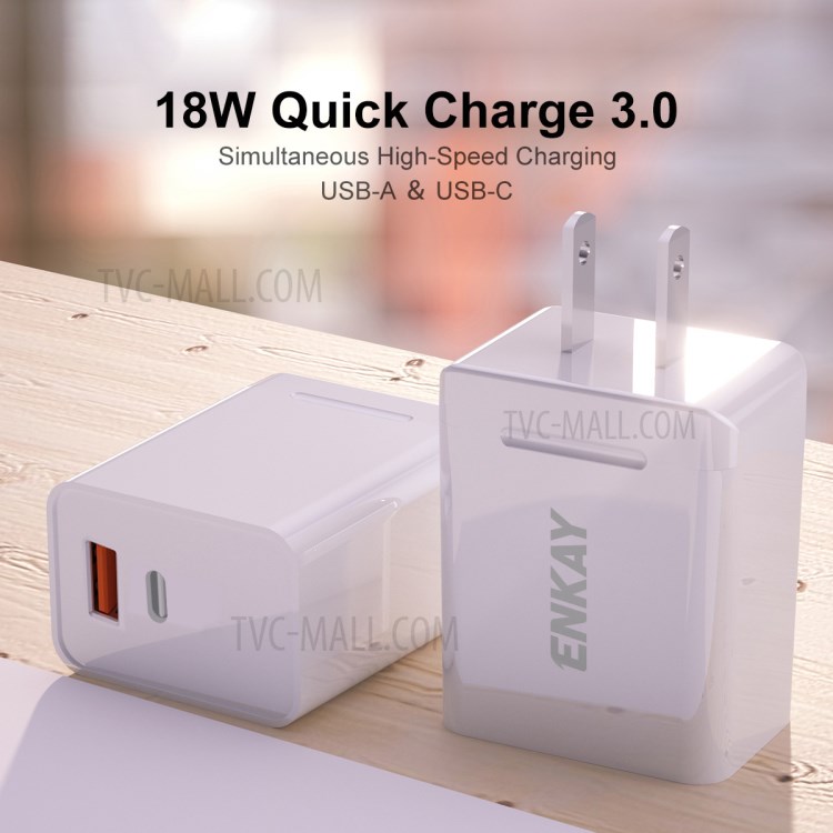 Hat-Prince ENKAY 18W 3A USB3.0 + Type-C Dual Ports Power Adapter - US Plug-2