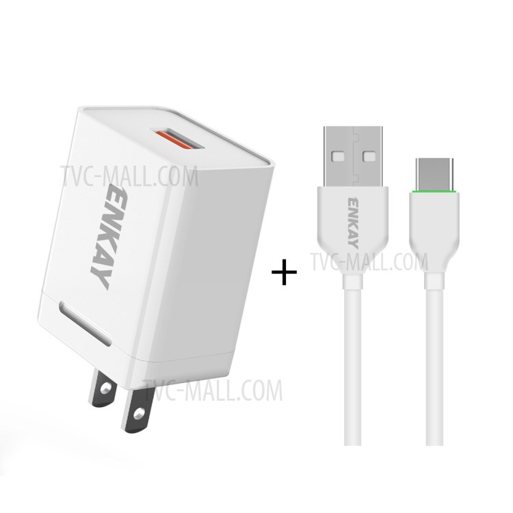 Hat-Prince ENKAY USB3.0 Ports Wall Charger 18W 3A with 1m Type-C 3A Charging Cable - US & CN Plug-1