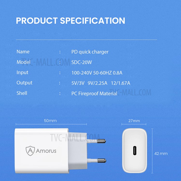 AMORUS 20W USB Type-C PD Quick Charging Power Adapter Wall Charger for iPhone 12 / 12 mini / Pro / Pro Max Etc. - EU Plug-4