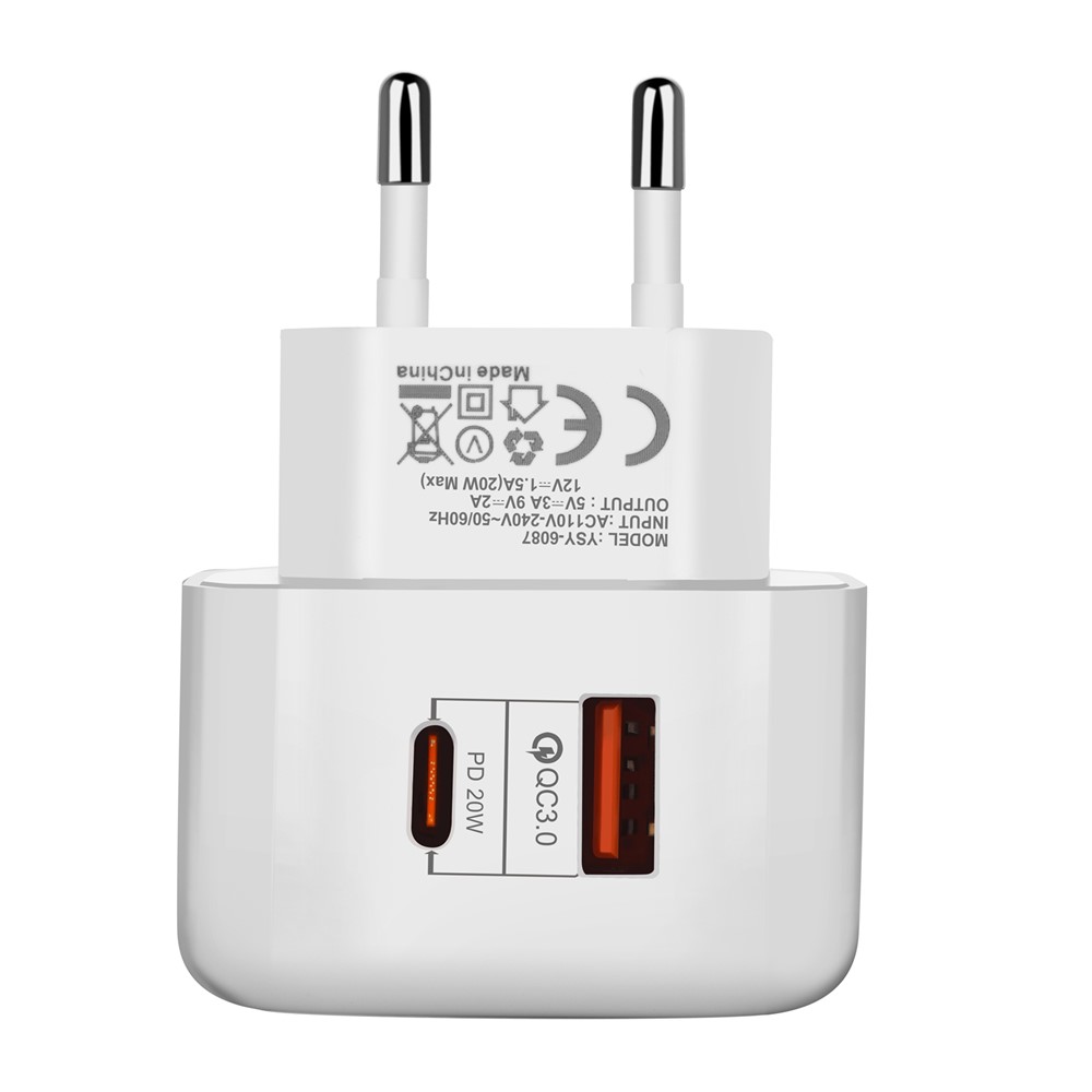 YSY-6087 PD 20W+QC 3.0 Adaptador de Energia do Carregador de Transmissão de Porta Dupla Porta - Plugue da ue-6