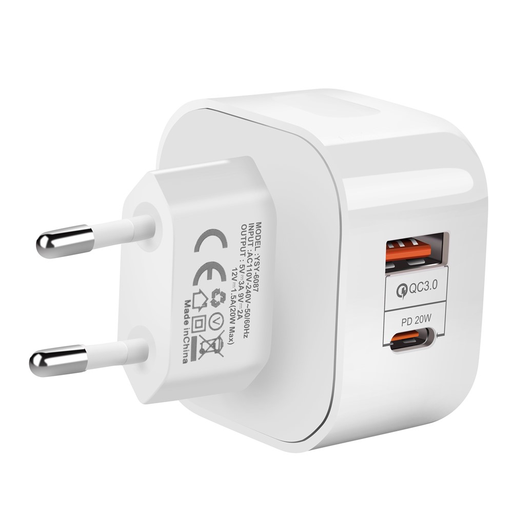 YSY-6087 PD 20W+QC 3.0 Adaptador de Energia do Carregador de Transmissão de Porta Dupla Porta - Plugue da ue-7