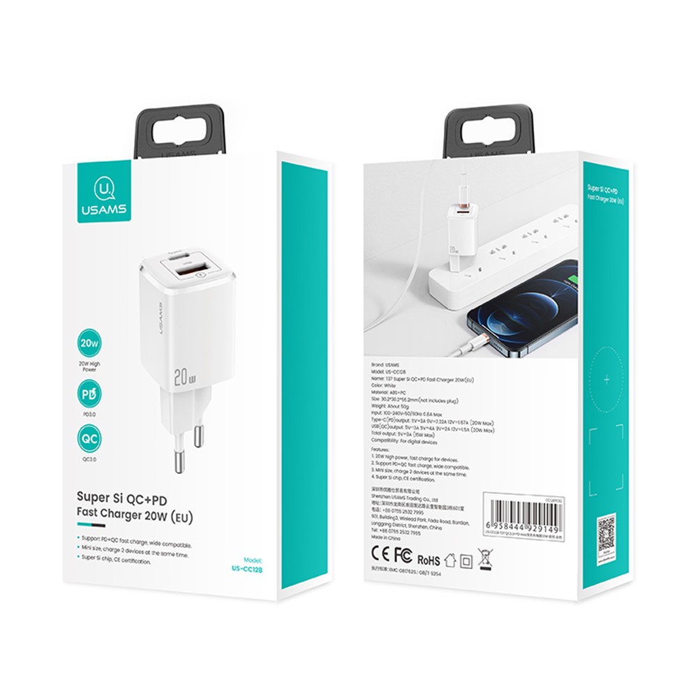 USAMS US-CC128 T37 PD20W QC3.0 USB Typ-C-Wandladegerät Dual-Port-Netzteil - EU-Stecker-7