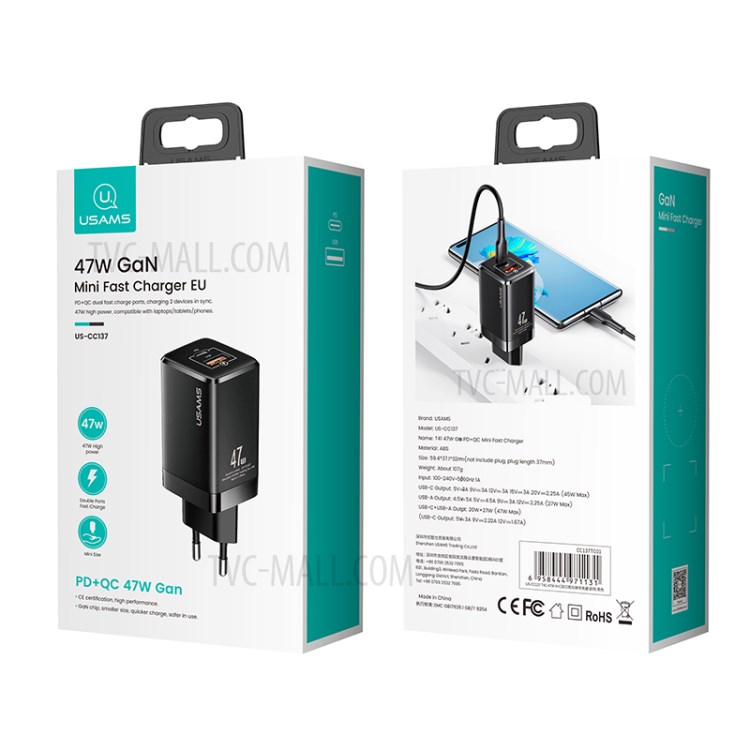 USAMS US-CC137 T41 47W GaN Charger EU Plug USB-A+USB-C Dual USB Port Mobile Phone Tablet Wall Charger-6