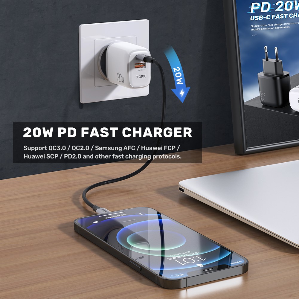 TOPK B210P 20W Charge Rapide 3.0 Usb + Type C PD Chargeur Fast Charging Wall Wall Charger - Plug Noire / Britannique