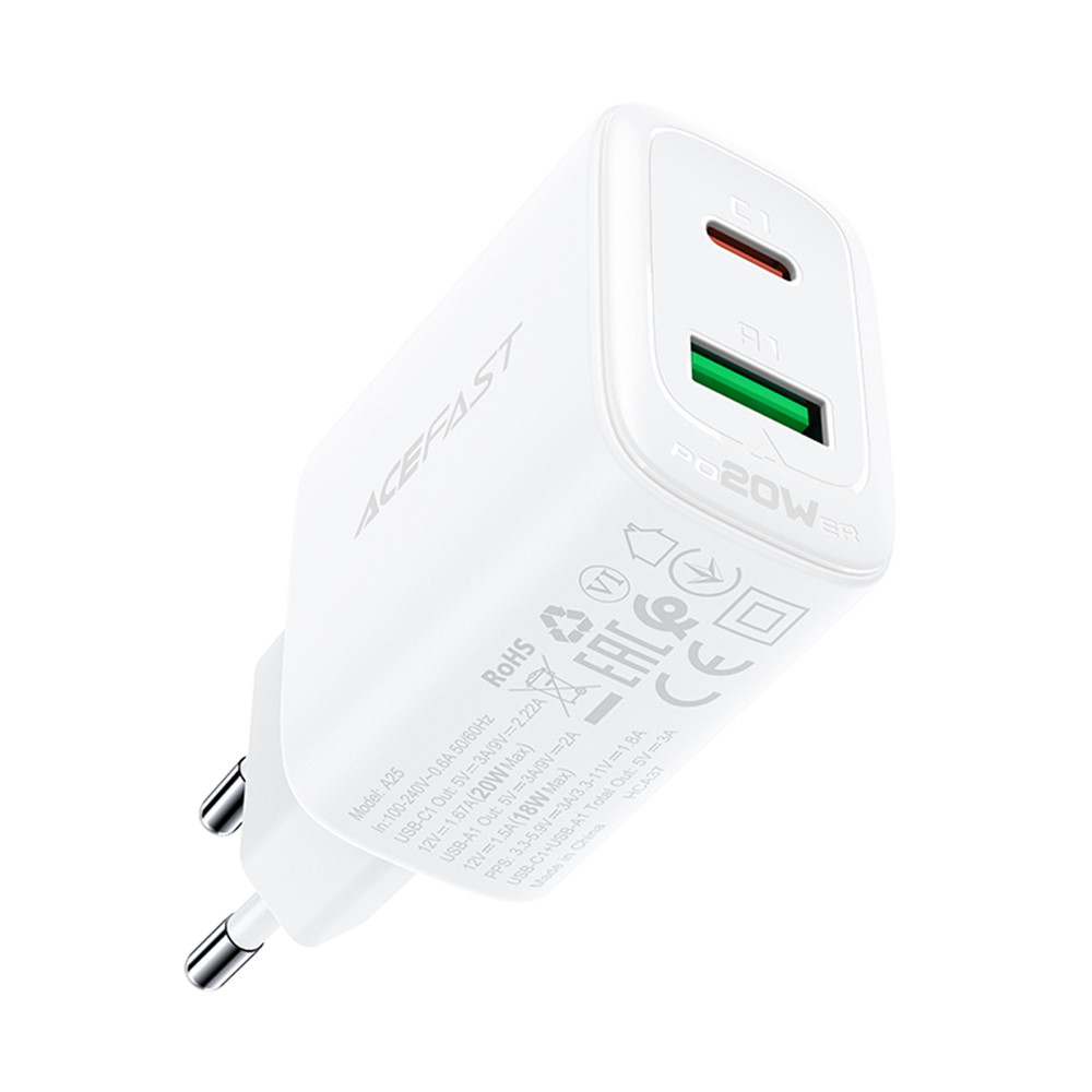 Acefast A25 PD 20W USB-A + Tipo-c Doble de Doble Puerto Para Iphone Ipad Samsung - Enchufe de la ue