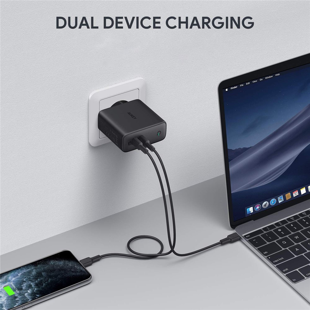 AUKEY PA-D5 Type-C Dual Port Charging Block PD 63W Wall Charger Fast Charging Power Adapter, EU Plug/Black-3