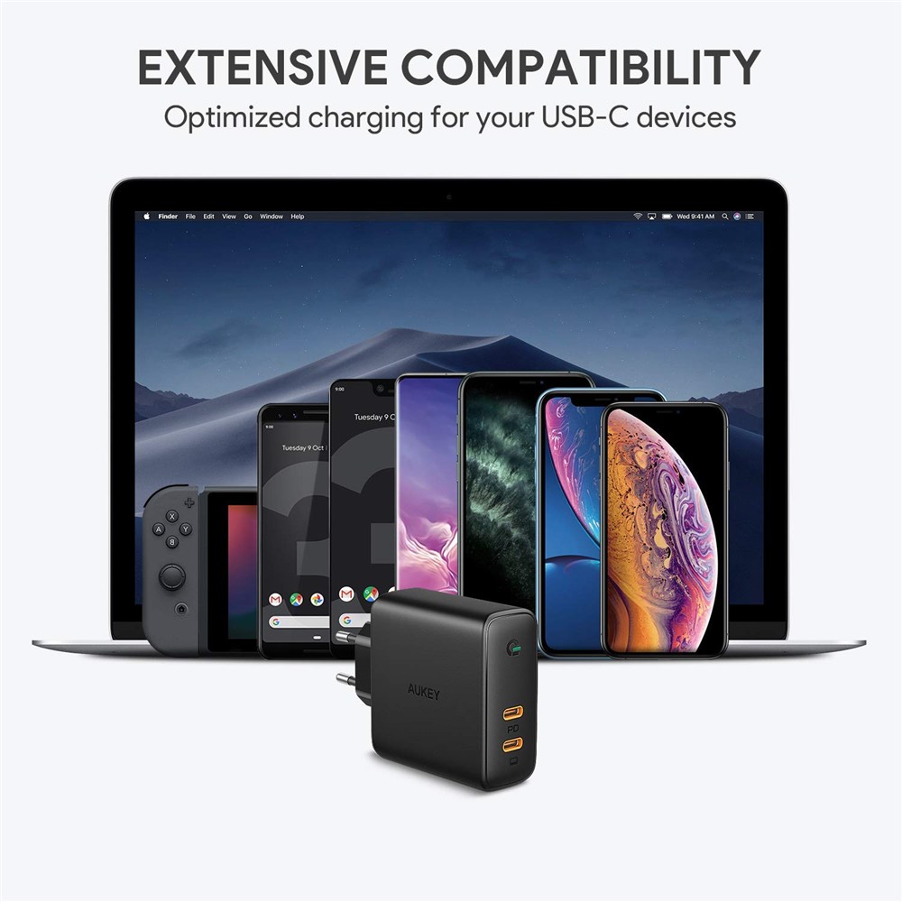 AUKEY PA-D5 Type-C Dual Port Charging Block PD 63W Wall Charger Fast Charging Power Adapter, EU Plug/Black-5