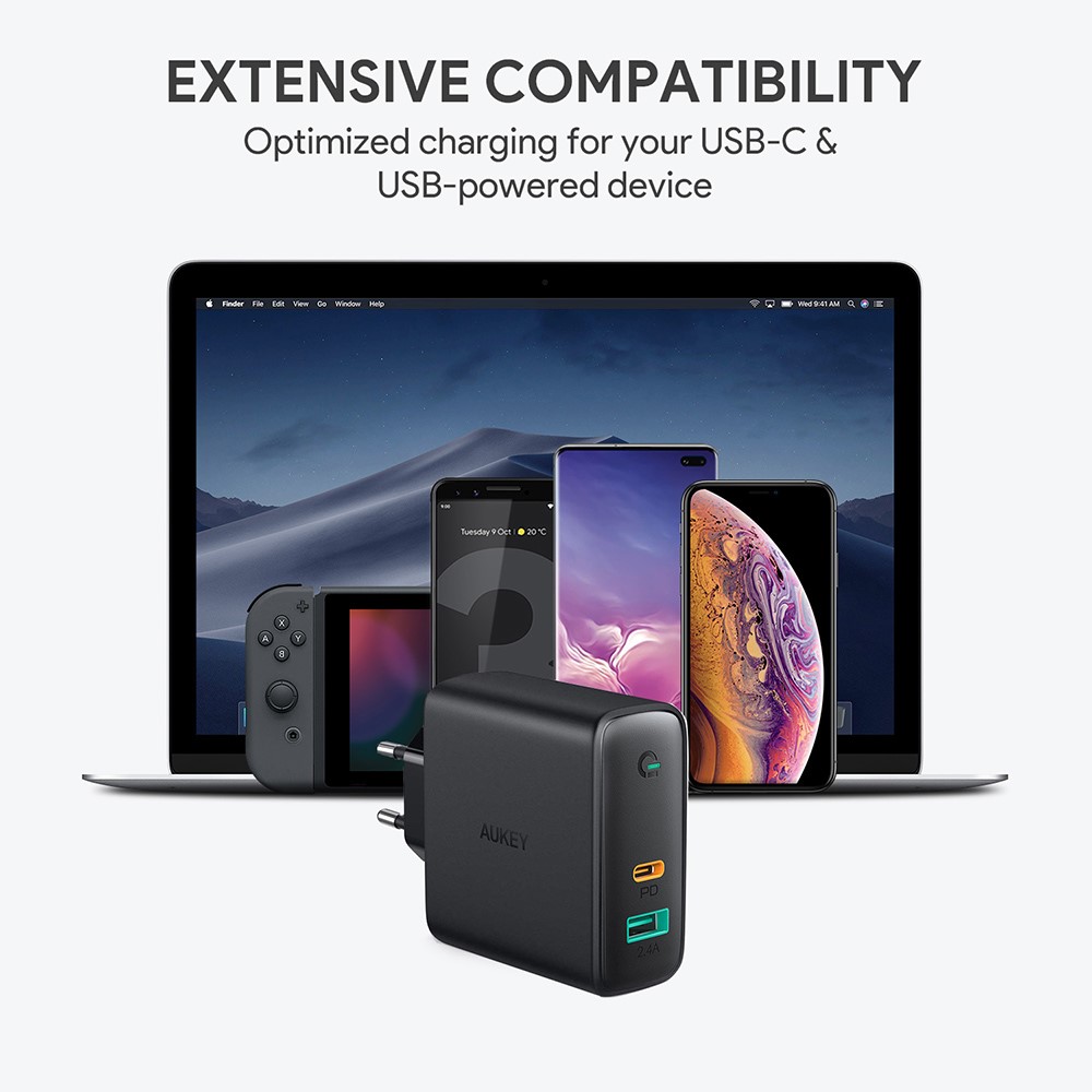 AUKEY PA-D3 USB + Type-C Dual Port PD 60W Fast Charging Power Adapter Portable Wall Charger for iPhone MacBook, EU Plug/Black-7