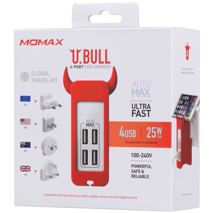 MOMAX U.Bull 4-port USB Travel Charger with US/UK/EU/AU Plugs - Red-10
