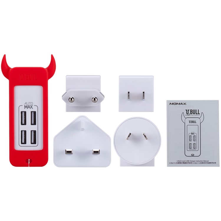 MOMAX U.Bull 4-port USB Travel Charger with US/UK/EU/AU Plugs - Red-5