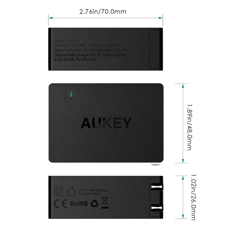 AUKEY PA-T14 3-port Wall Charger with Quick Charge 3.0 & AIPower - EU Plug-3