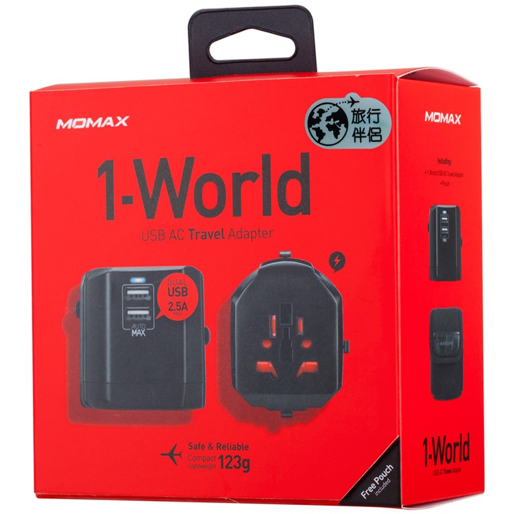 MOMAX 1-World AC Dual USB Travel Adapter with EU/US/UK/AU Plugs (CE/RoHS/FCC) - Black-13