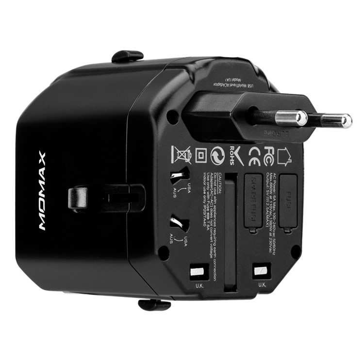 MOMAX 1-World AC Dual USB Travel Adapter with EU/US/UK/AU Plugs (CE/RoHS/FCC) - Black-2