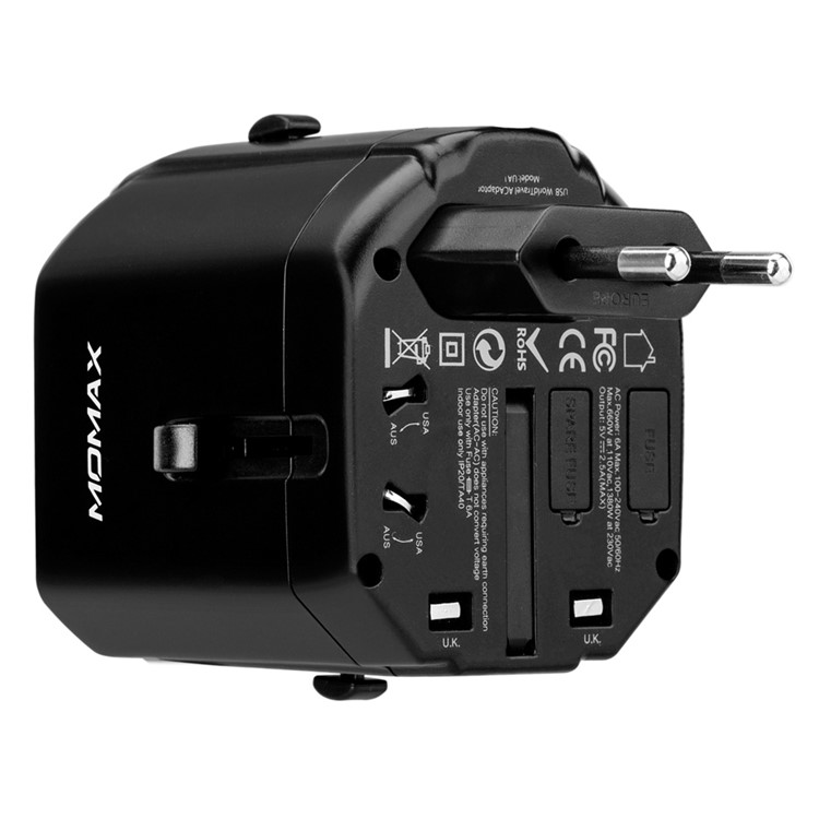 MOMAX 1-World AC Dual USB Travel Adapter with EU/US/UK/AU Plugs (CE/RoHS/FCC) - Black-3