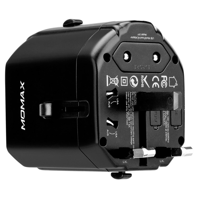MOMAX 1-World AC Dual USB Travel Adapter with EU/US/UK/AU Plugs (CE/RoHS/FCC) - Black-4