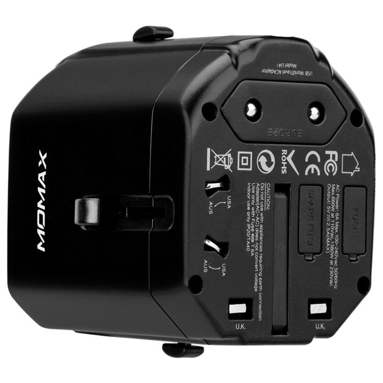 MOMAX 1-World AC Dual USB Travel Adapter with EU/US/UK/AU Plugs (CE/RoHS/FCC) - Black-6