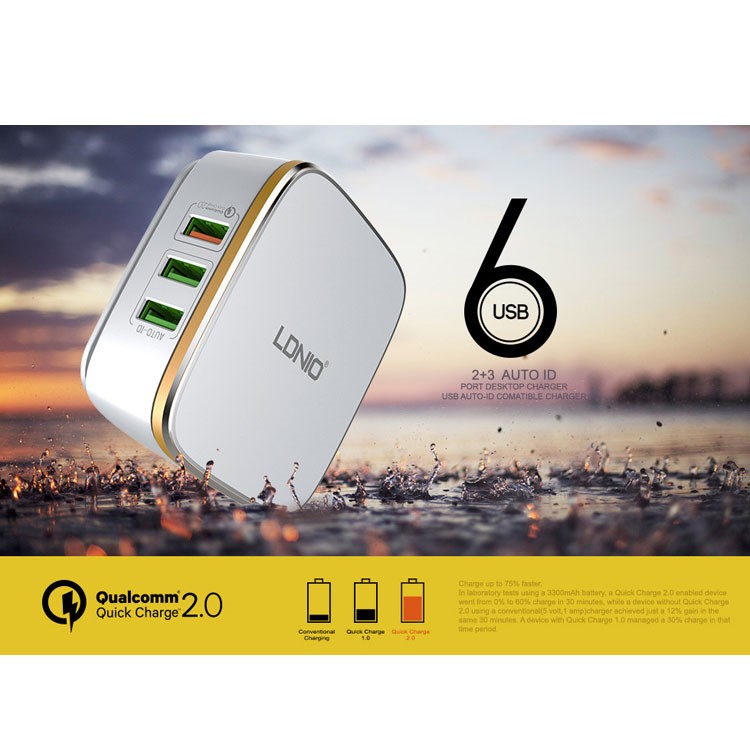 LDNIO A6704 6-port USB Quick Charge 2.0 Wall Charger CE ROHS for iPhone Samsung - EU Plug-1