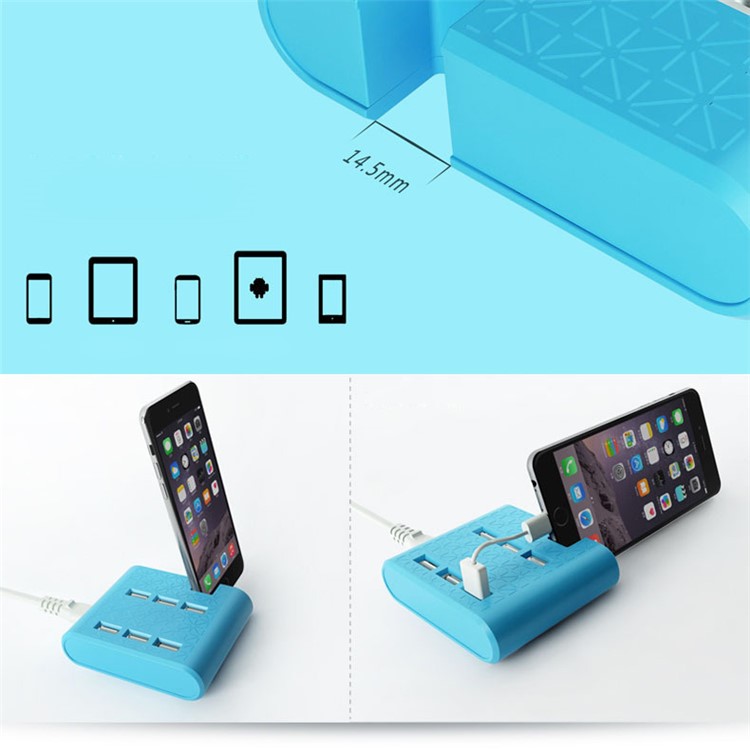 6 USB Ports Travel Home Wall Phone Tablet Holder Charger for iPhone iPad Samsung etc. - EU Plug / Blue-2