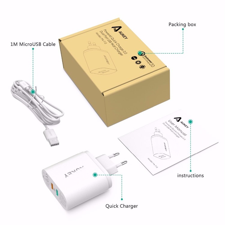 AUKEY PA-T12 Quick Charge 2.0 2-port USB Wall Charger Travel Charger - White / EU Plug-6