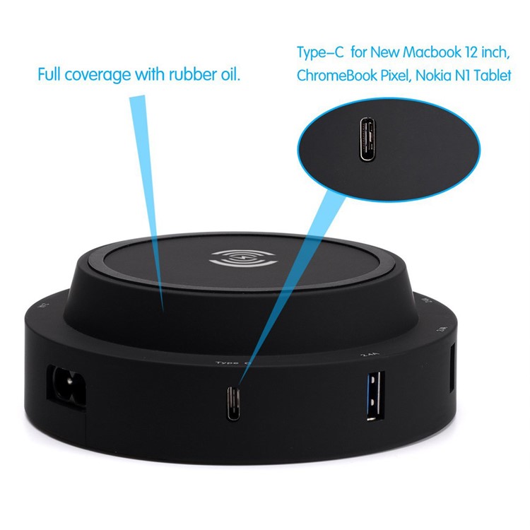 7 USB Ports + Type-C Port Qi Wireless Charging Station for Phone Tablet Etc - Black / EU Plug-1
