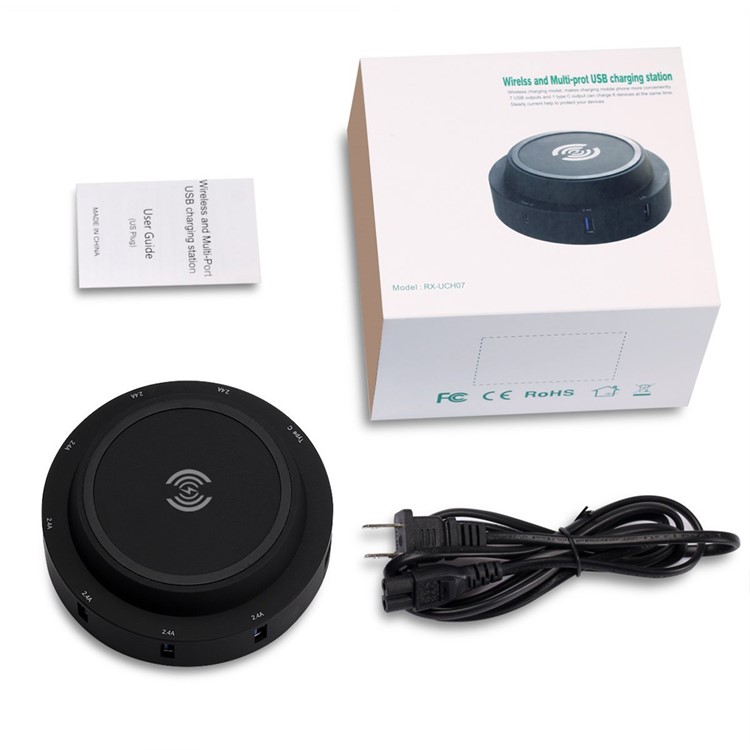 7 USB Ports + Type-C Port Qi Wireless Charging Station for Phone Tablet Etc - Black / EU Plug-21