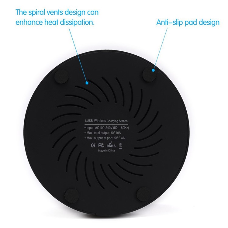 7 USB Ports + Type-C Port Qi Wireless Charging Station for Phone Tablet Etc - Black / EU Plug-3