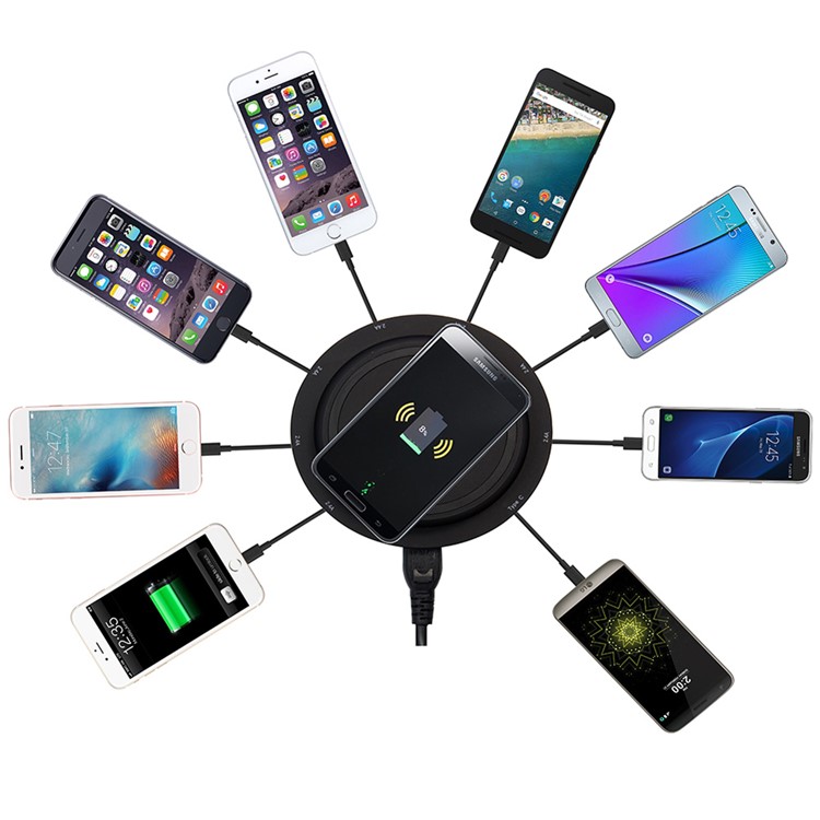 7 USB Ports + Type-C Port Qi Wireless Charging Station for Phone Tablet Etc - Black / EU Plug-8