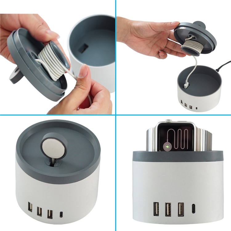 Cylinder 2.4A 4 USB 2.0 + Type-c Port Wall Charger Dock Station for Phones Tablets Apple Watch - White-5