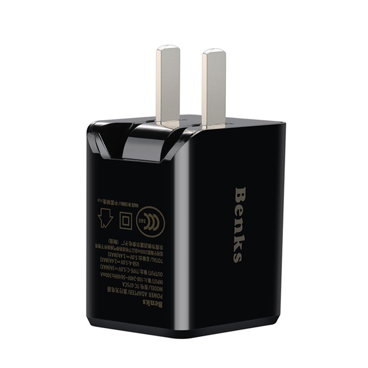 BENKS Mini 2-Port 3.4A Type-C + USB Travel Charger for New MacBook Pro/iPhone 7 Etc - Black-1