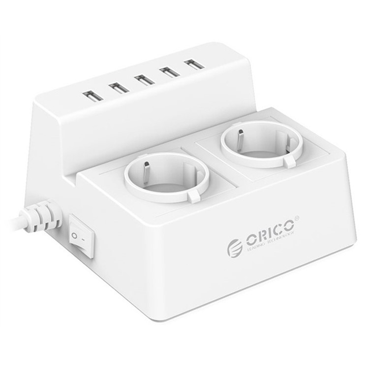 ORICO 2A5U 2 AC Sockets + 5V 2.4A 5 USB Ports Power Strip Charging Station - White / EU Plug-1