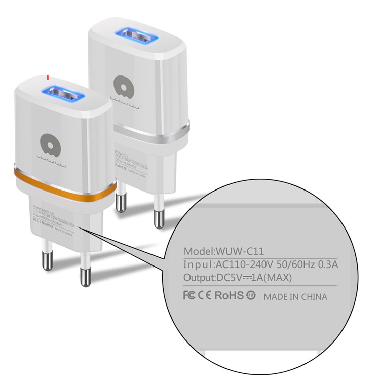 WUW C11 5V 1A Single USB Mobile Travel Charger Adapter for Mobile Phones - EU Plug / Silver-2