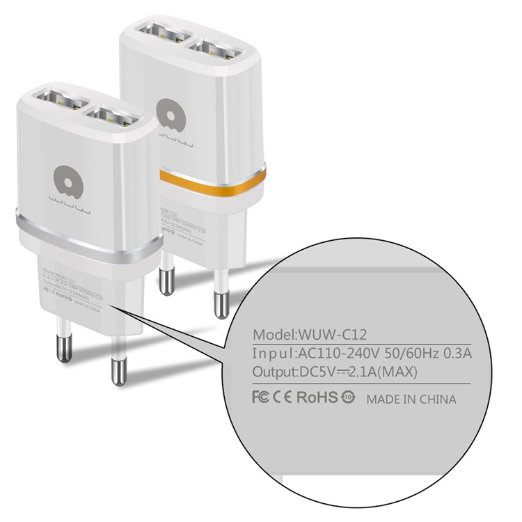 WUW C12 Dual USB Travel Wall Charger Adapter 5V 2.1A for Mobile Phones & Tabs - EU Plug / Silver-3