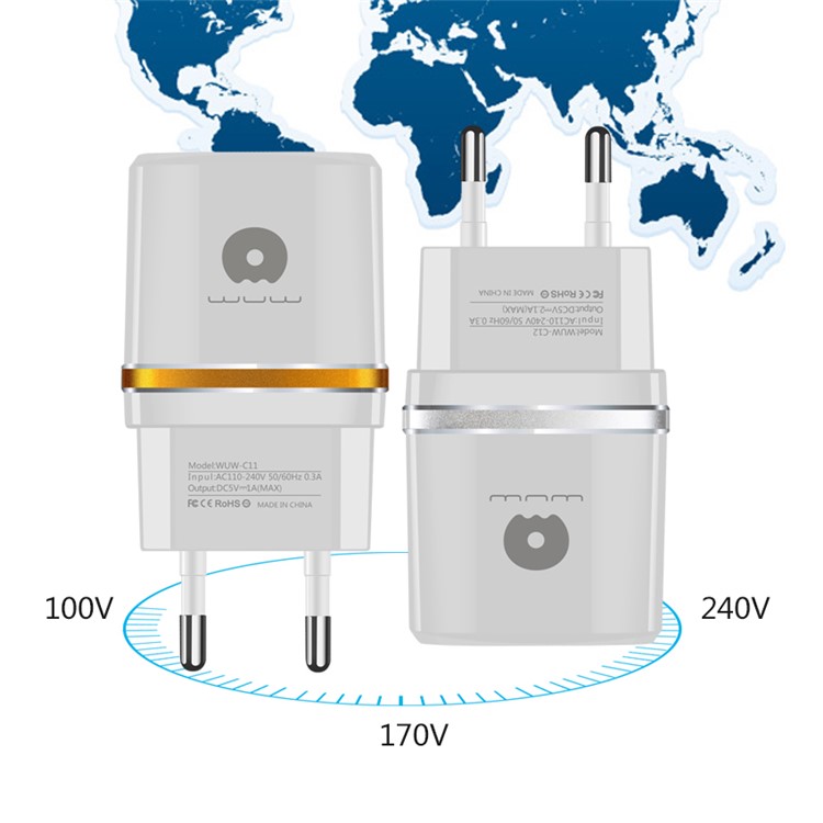 WUW C12 Dual USB Travel Wall Charger Adapter 5V 2.1A for Mobile Phones & Tabs - EU Plug / Silver-7