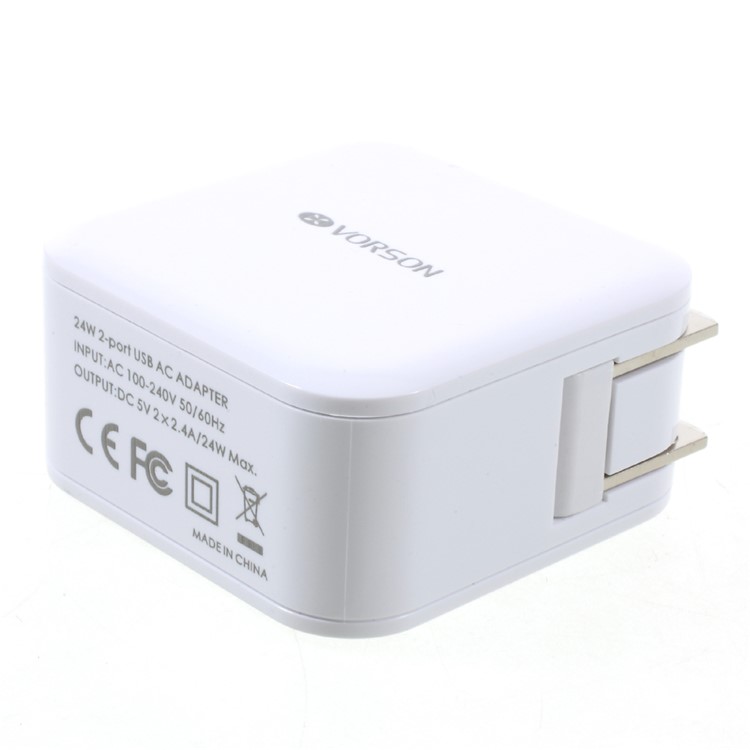 VORSON Dual USB 5V 2.4A Wall Charger Travel Adapter for iPhone iPad Samsung etc. (VCC-002) - White / US Plug-2