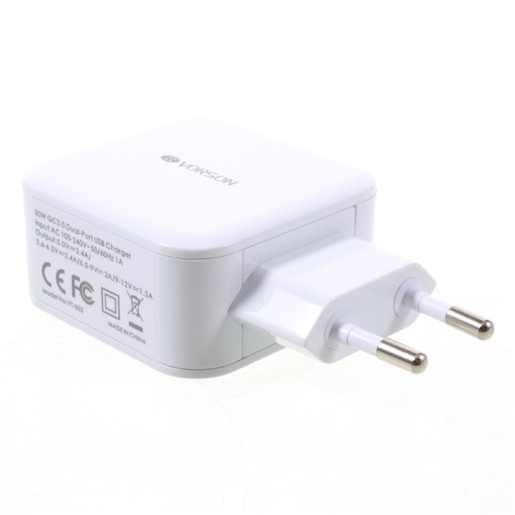 VORSON 30W Dual-port USB Travel Charger Support QC3.0 (CE/FCC/RoHS) - White / EU Plug-2