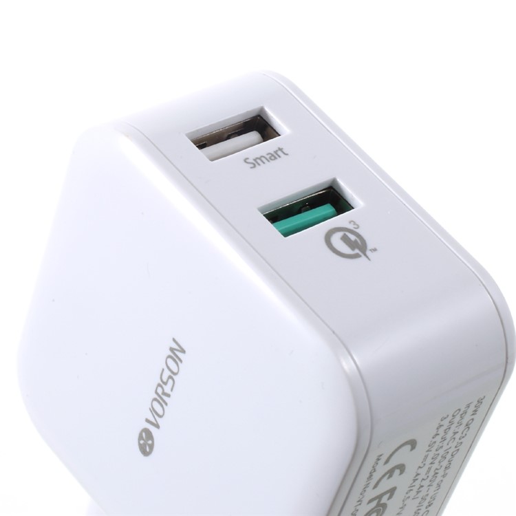 VORSON 30W Dual-port USB Travel Charger Support QC3.0 (CE/FCC/RoHS) - White / EU Plug-3