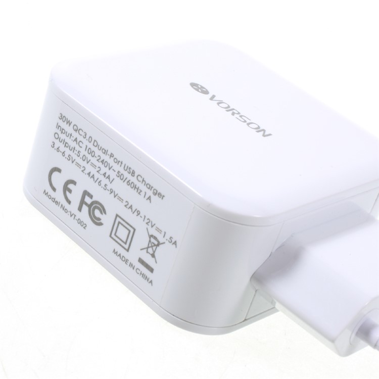 VORSON 30W Dual-port USB Travel Charger Support QC3.0 (CE/FCC/RoHS) - White / EU Plug-4
