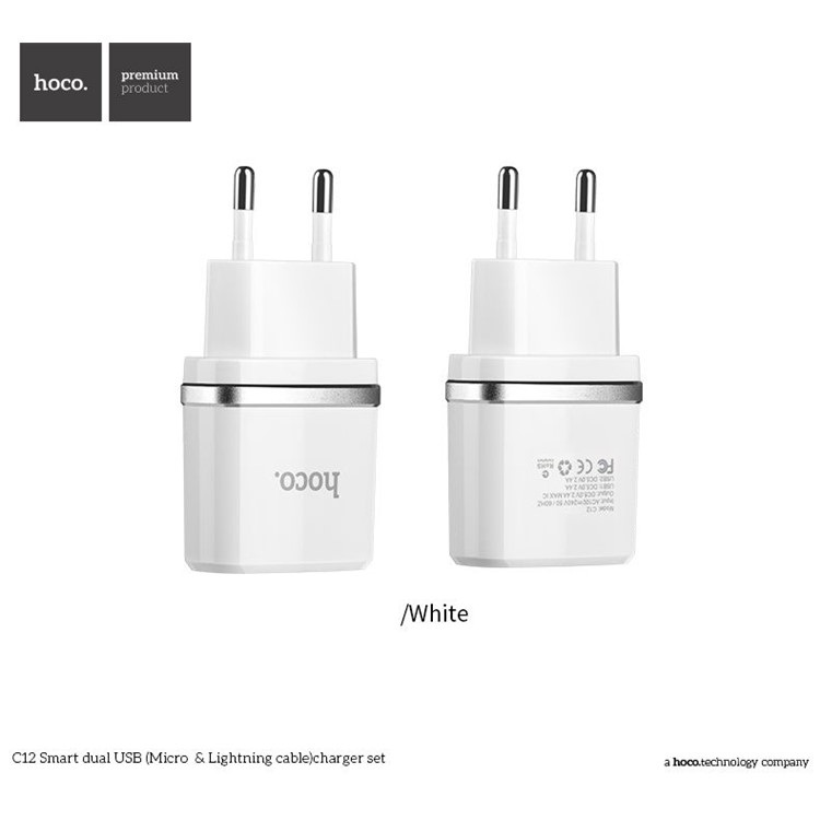 HOCO 2.4A Wall Charger Adapter + Micro USB Cable with Intelligent Charging IC for Samsung Huawei etc - White / EU Plug (C12)-3